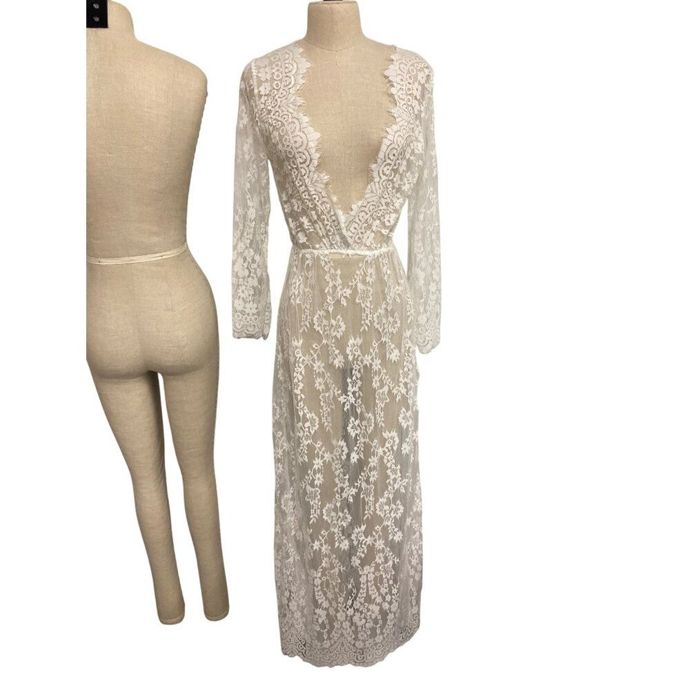 White Lace Long Sleeve Sheer Cover-Up Kimono